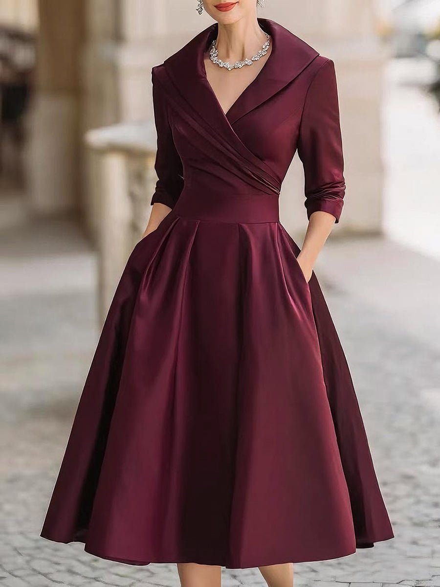 Dames Elegante A-lijn Cocktail Party Dress V-hals Midi - Bordeauxrood