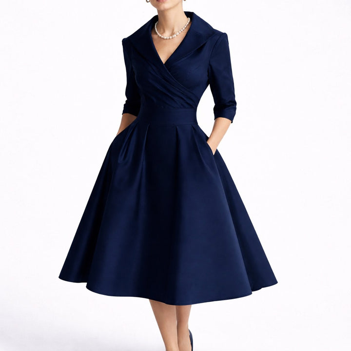 Dames Elegante A-lijn Midi Jurk Bruidsmeisjes Herfstbruiloft Gast - Marineblauw