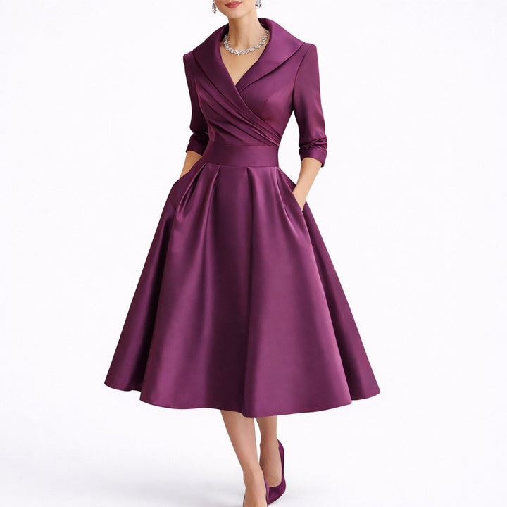 Dames Elegante A-lijn Midi Jurk Bruidsmeisjes Herfstbruiloft Gast - Paars