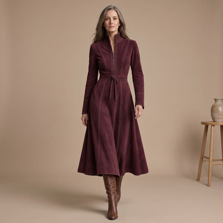 Dames Elegante A-lijn Midi-jurk Staande Kraag Riem Ritssluiting - Paars