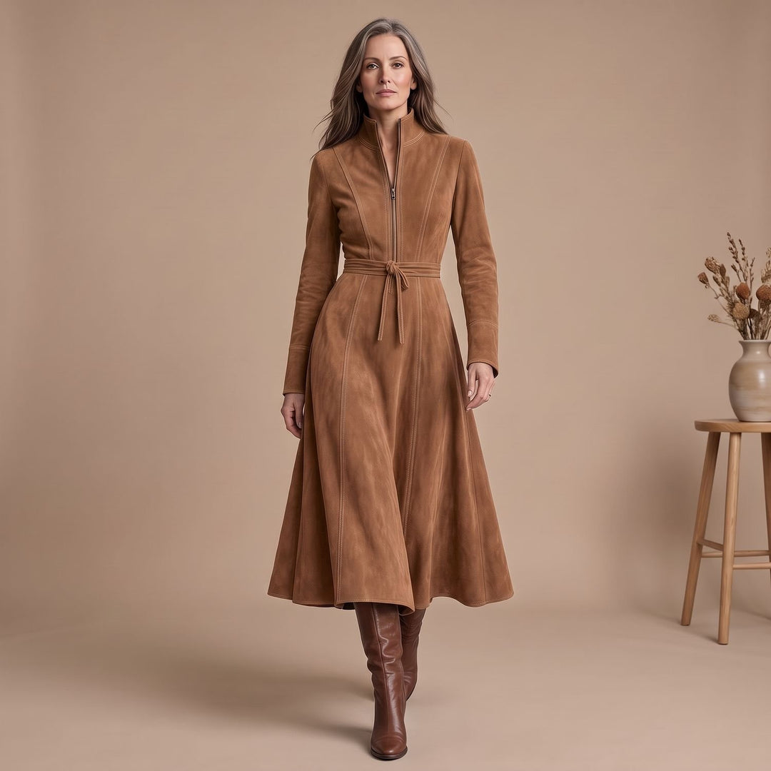 Dames Elegante A-lijn Midi-jurk Staande Kraag Riem Ritssluiting - Bruin