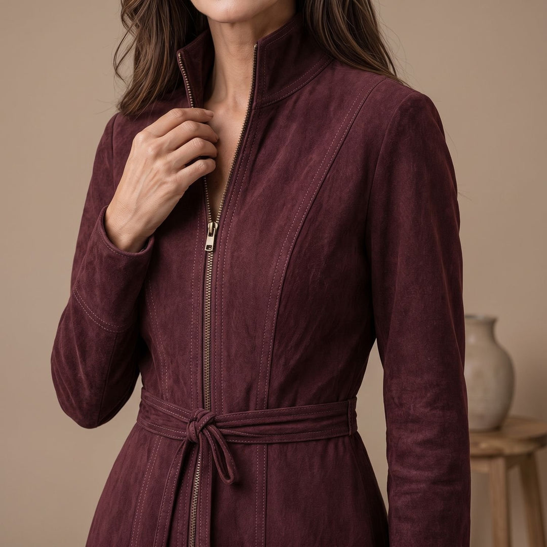 Dames Elegante A-lijn Midi-jurk Staande Kraag Riem Ritssluiting