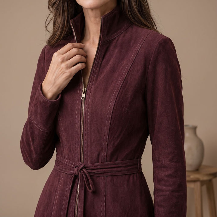Dames Elegante A-lijn Midi-jurk Staande Kraag Riem Ritssluiting