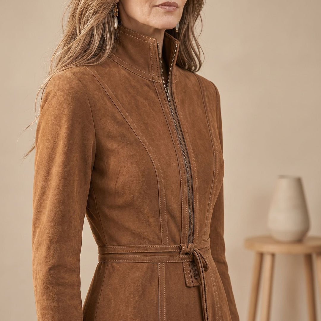 Dames Elegante A-lijn Midi-jurk Staande Kraag Riem Ritssluiting