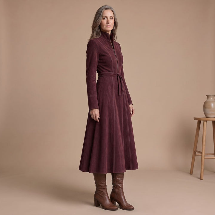 Dames Elegante A-lijn Midi-jurk Staande Kraag Riem Ritssluiting