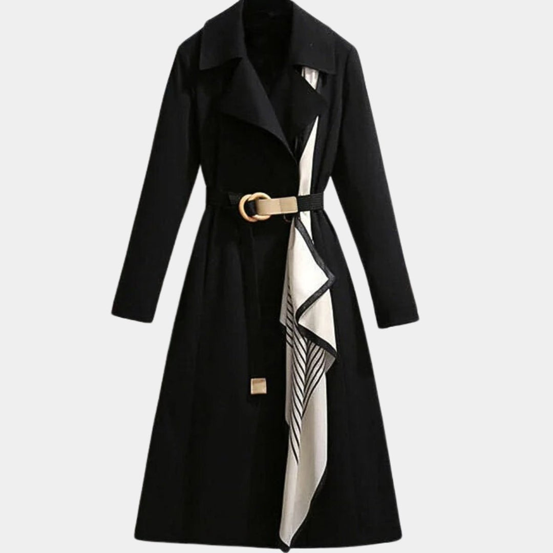 Dames Elegante Belted Trench Coat Klassieke Midi Stijl - Zwart