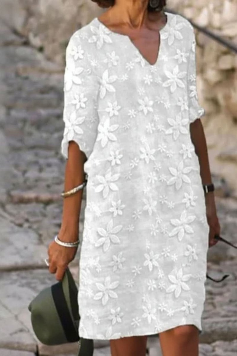Dames Elegante Bloemen V-Hals Avondjurk Midi - White