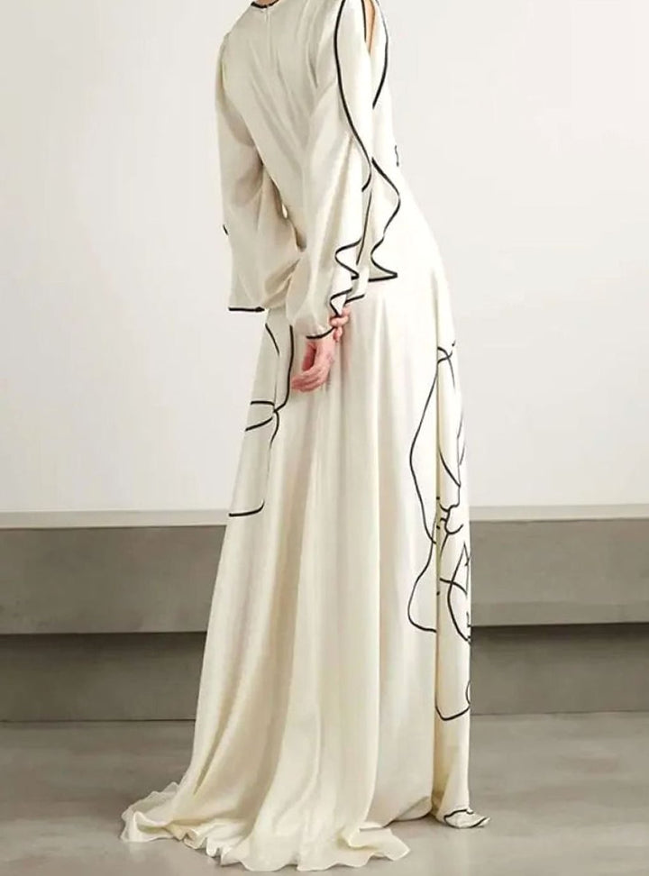 Dames Elegante Bloemenprint Maxi Avondjurk Lange Mouwen