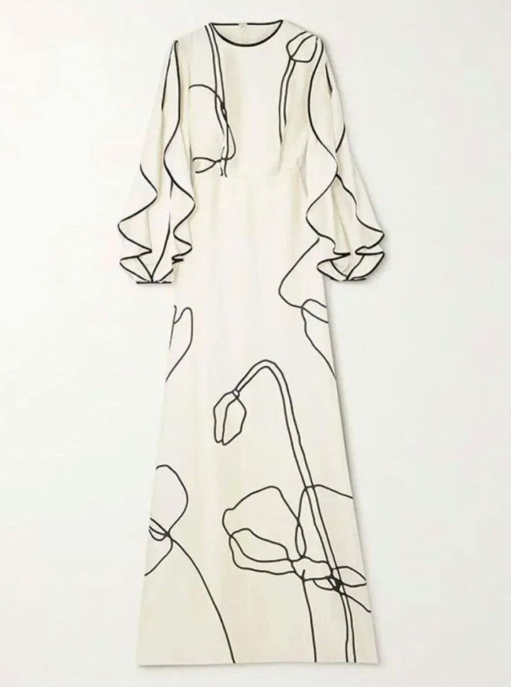 Dames Elegante Bloemenprint Maxi Avondjurk Lange Mouwen