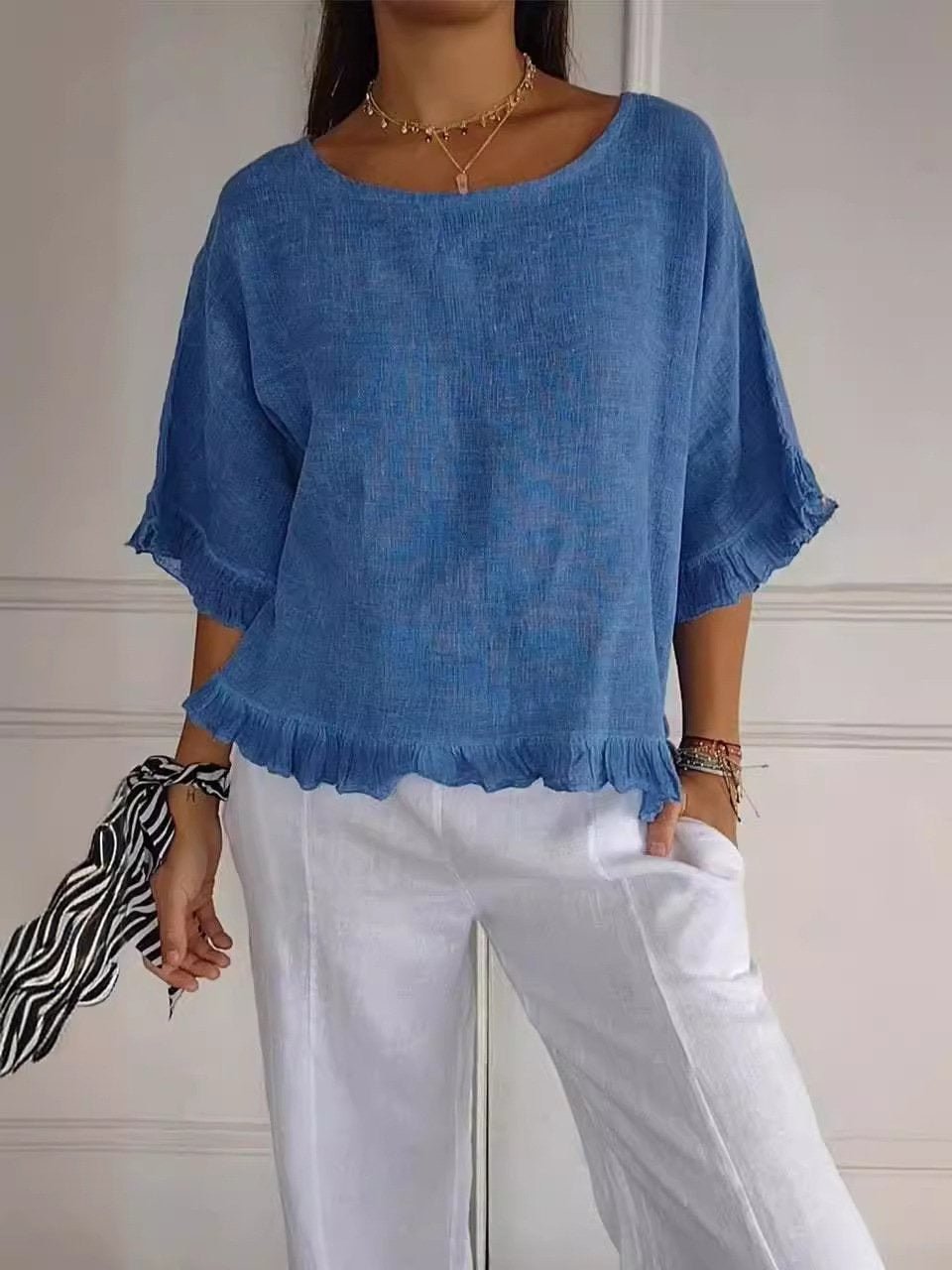 Dames Elegante Casual Blouse met Ruffle Details - Blue (Almost sold out)