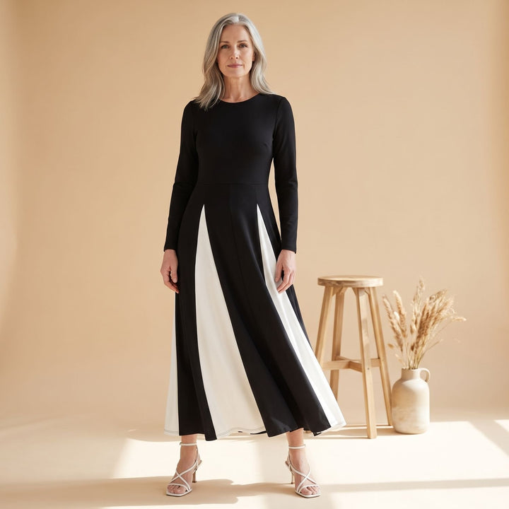 Dames Elegante Colorblock Feestjurk Lange Mouwen Maxi A-lijn