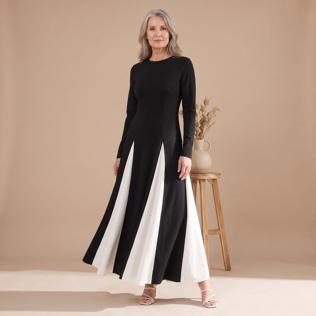 Dames Elegante Colorblock Feestjurk Lange Mouwen Maxi A-lijn