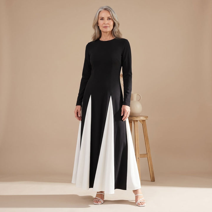 Dames Elegante Colorblock Feestjurk Lange Mouwen Maxi A-lijn