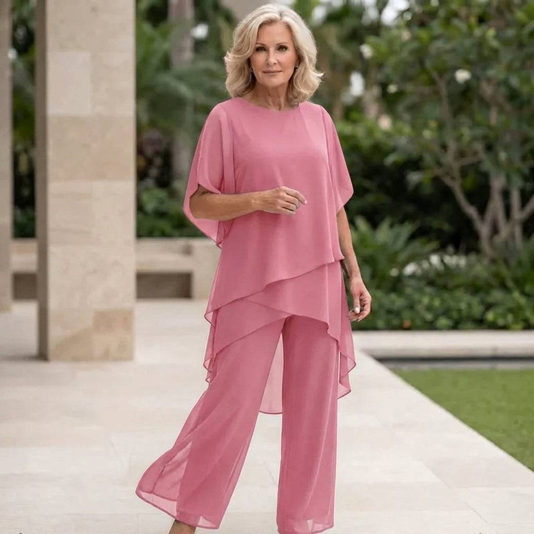 Dames Elegante Gelaagde Chiffon Broekset - Roze