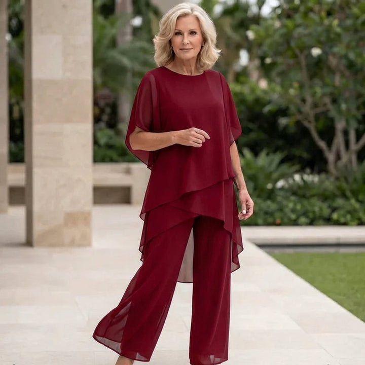 Dames Elegante Gelaagde Chiffon Broekset - Rood