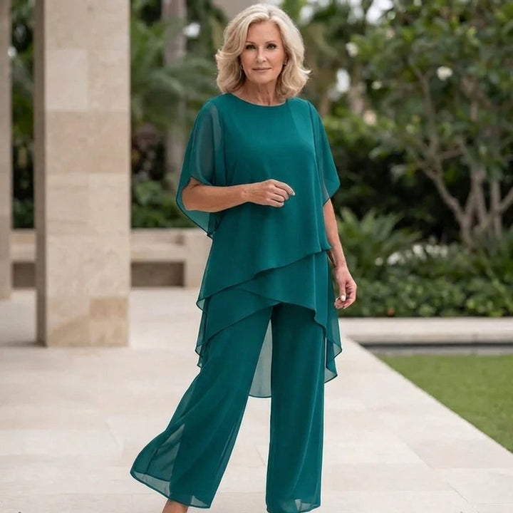 Dames Elegante Gelaagde Chiffon Broekset - Turquoise
