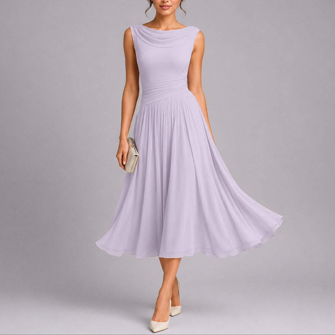 Dames Elegante Geplooide Midi Jurk Bruiloft Gast Mouwloos Drapé Hals - Paars