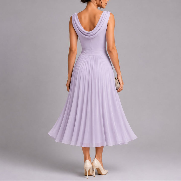 Dames Elegante Geplooide Midi Jurk Bruiloft Gast Mouwloos Drapé Hals