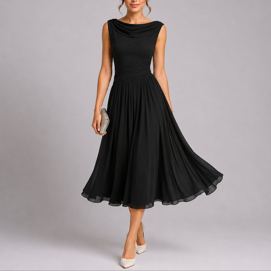Dames Elegante Geplooide Midi Jurk Bruiloft Gast Mouwloos Drapé Hals - Zwart
