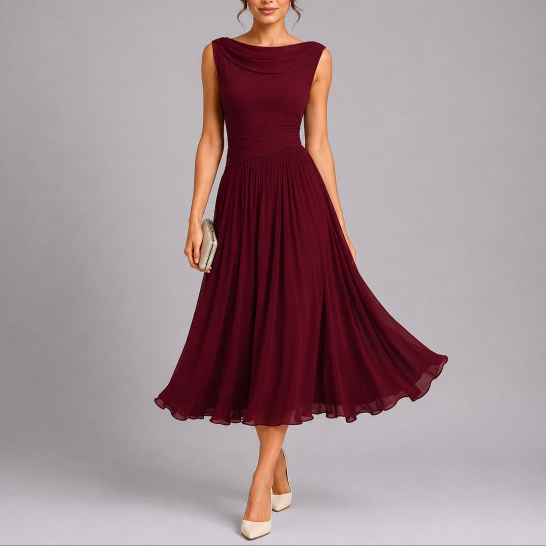 Dames Elegante Geplooide Midi Jurk Bruiloft Gast Mouwloos Drapé Hals - Rood