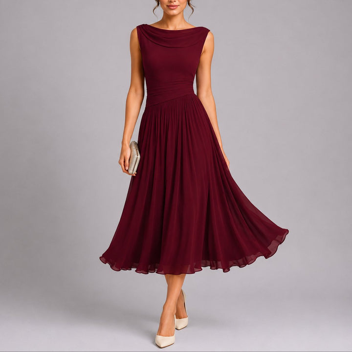 Dames Elegante Geplooide Midi Jurk Bruiloft Gast Mouwloos Drapé Hals - Rood