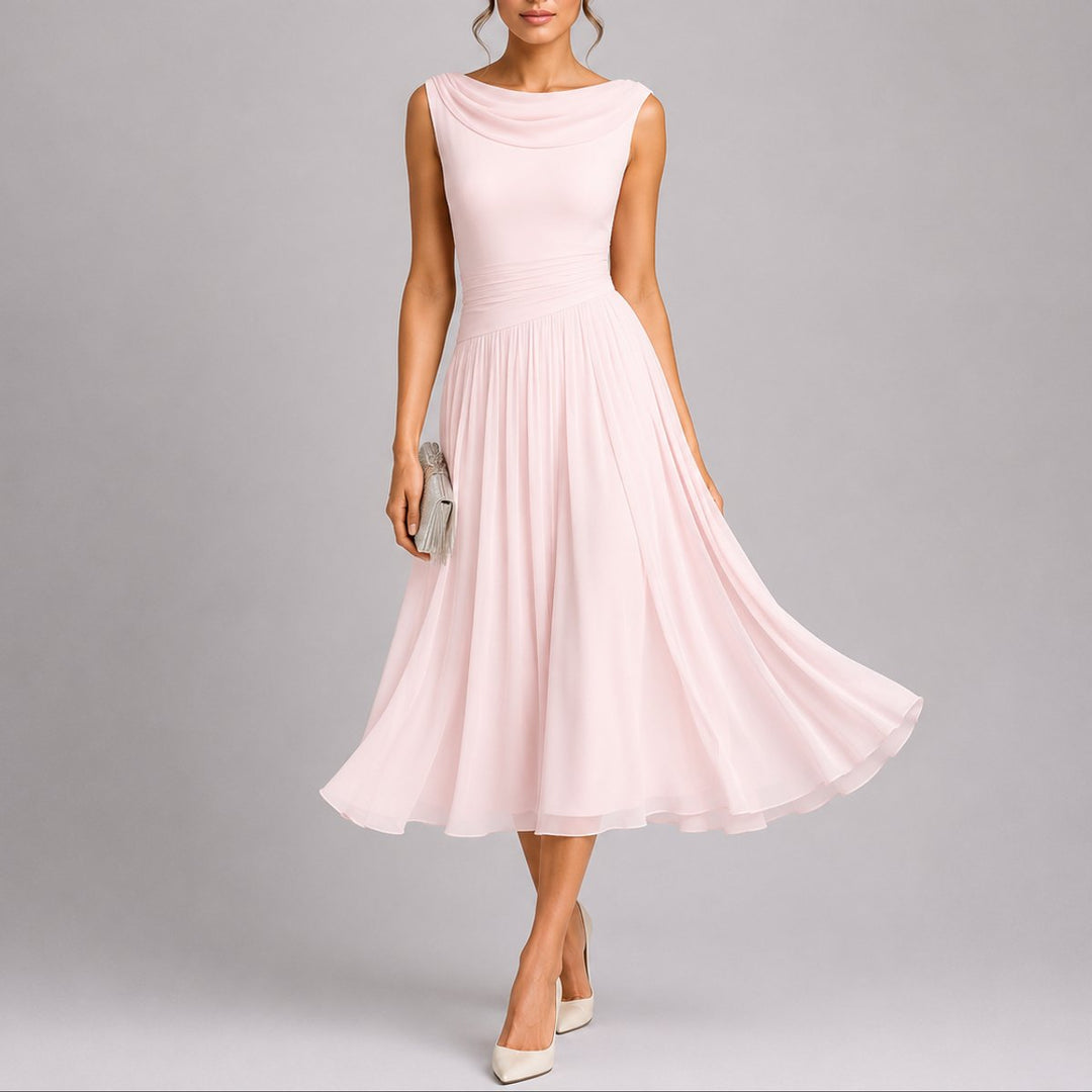 Dames Elegante Geplooide Midi Jurk Bruiloft Gast Mouwloos Drapé Hals - Roze
