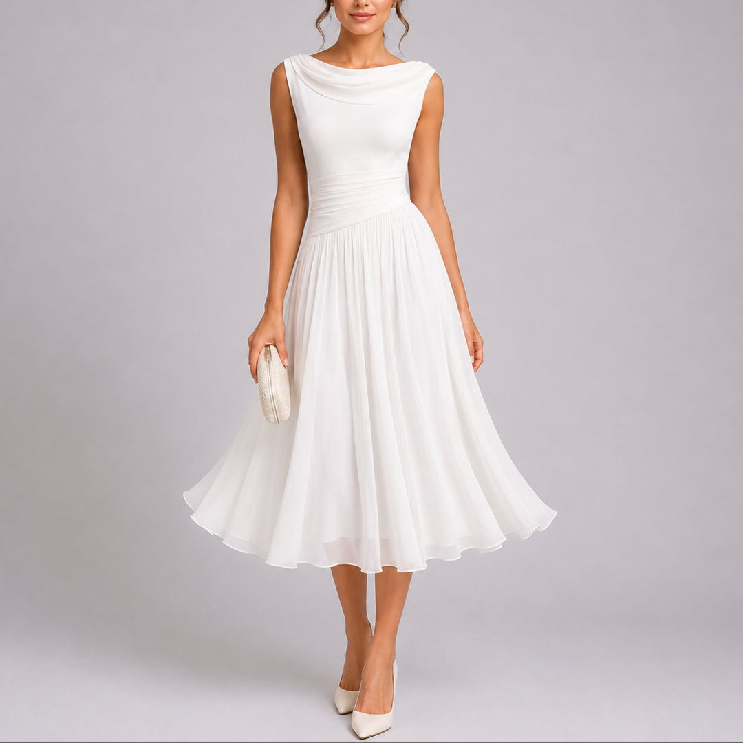 Dames Elegante Geplooide Midi Jurk Bruiloft Gast Mouwloos Drapé Hals - Wit