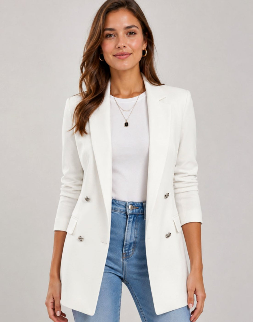 Dames Elegante Getailleerde Dubbele Knoop Blazer met Zakken - Wit