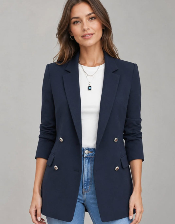 Dames Elegante Getailleerde Dubbele Knoop Blazer met Zakken - Marineblauw