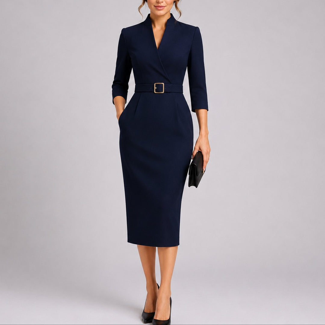 Dames Elegante Getailleerde Midi Jurk Bruiloft Herfst Gast Riem - Marineblauw