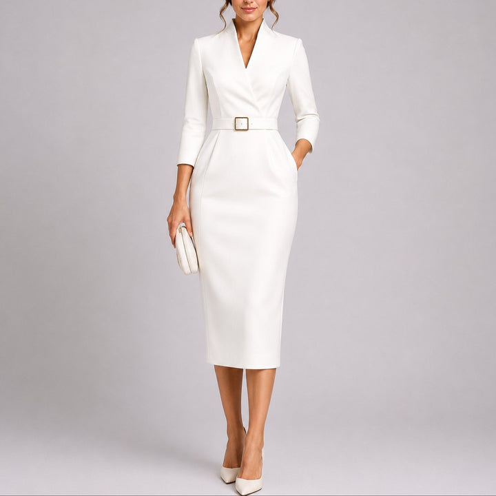Dames Elegante Getailleerde Midi Jurk Bruiloft Herfst Gast Riem - Wit