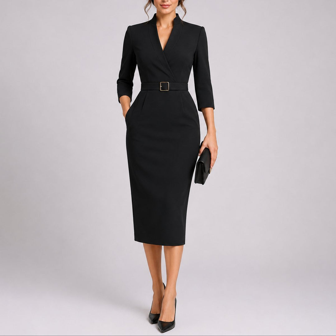 Dames Elegante Getailleerde Midi Jurk Bruiloft Herfst Gast Riem - Zwart