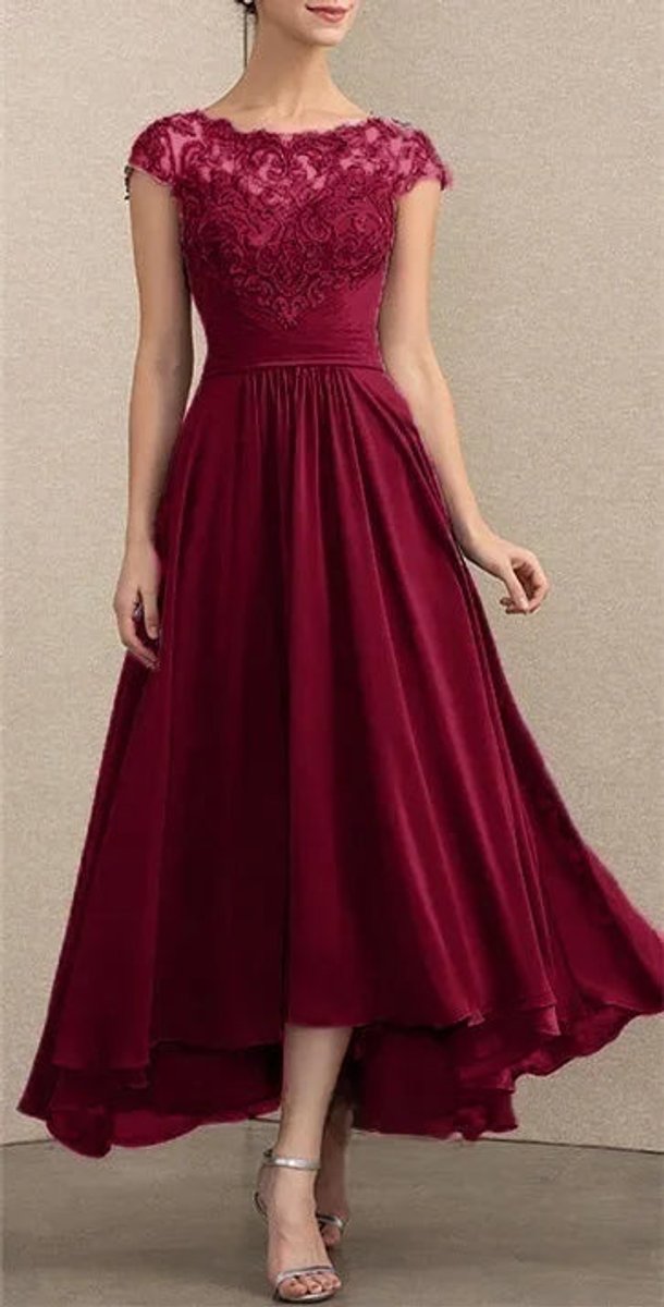 Dames Elegante Kanten Chiffon Maxi Formele Jurk - Bordeaux