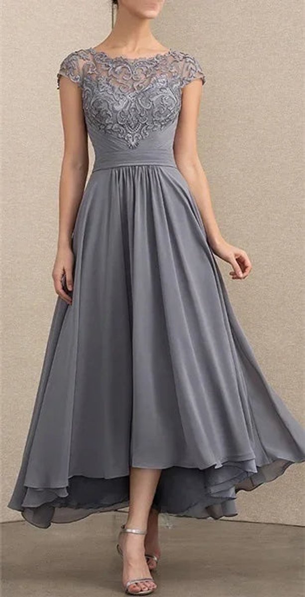 Dames Elegante Kanten Chiffon Maxi Formele Jurk - Grijs