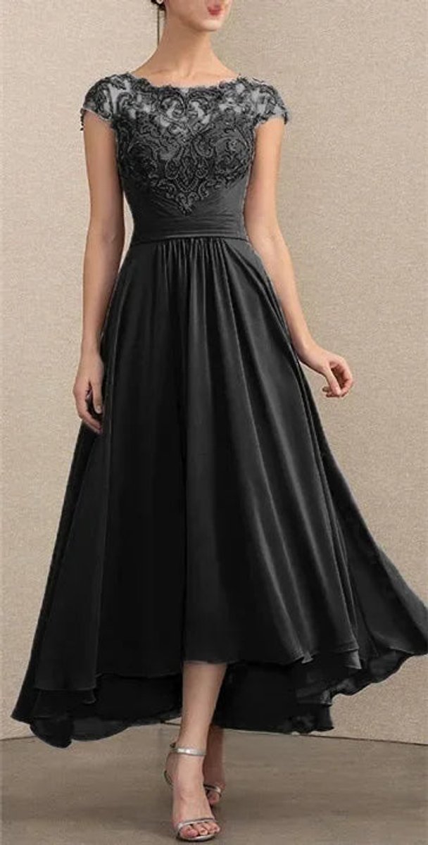 Dames Elegante Kanten Chiffon Maxi Formele Jurk - Zwart