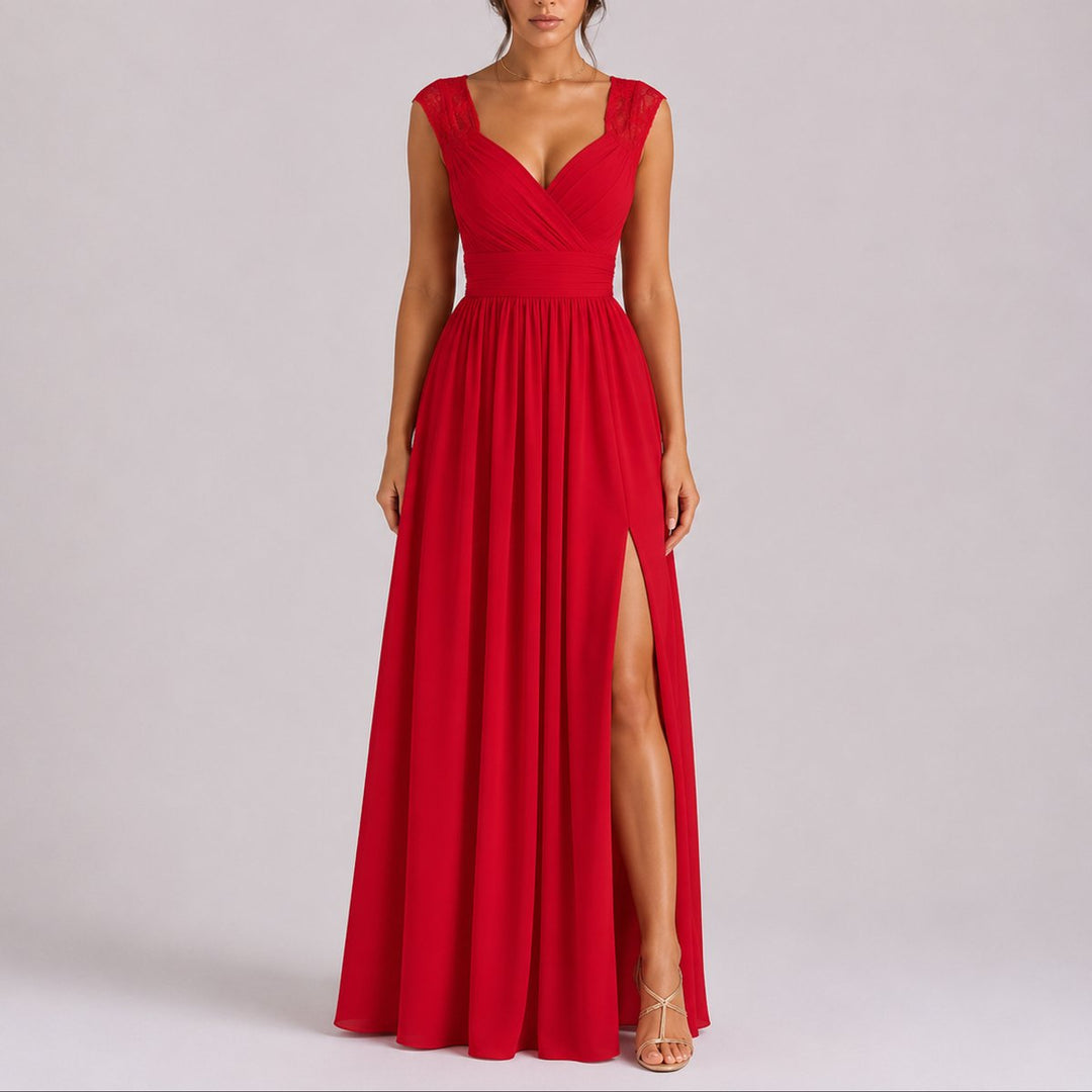 Dames Elegante Kanten Chiffon Maxi Jurk Bruiloft Gast Herfst - Rood