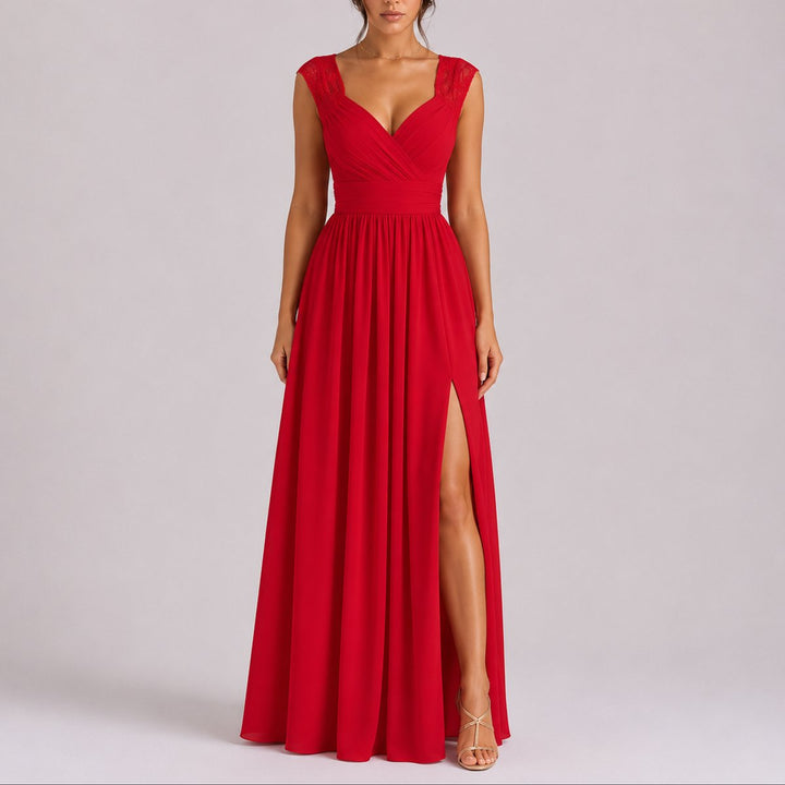 Dames Elegante Kanten Chiffon Maxi Jurk Bruiloft Gast Herfst - Rood
