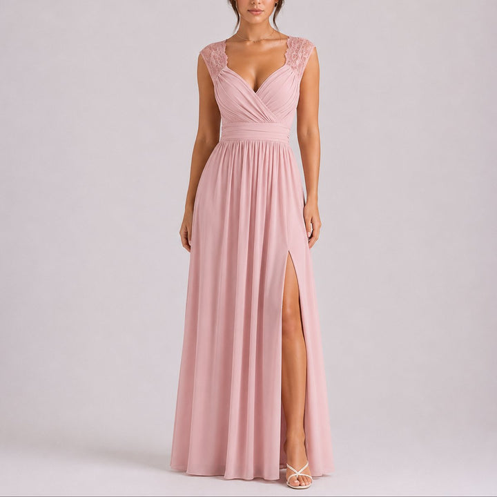 Dames Elegante Kanten Chiffon Maxi Jurk Bruiloft Gast Herfst - Roze