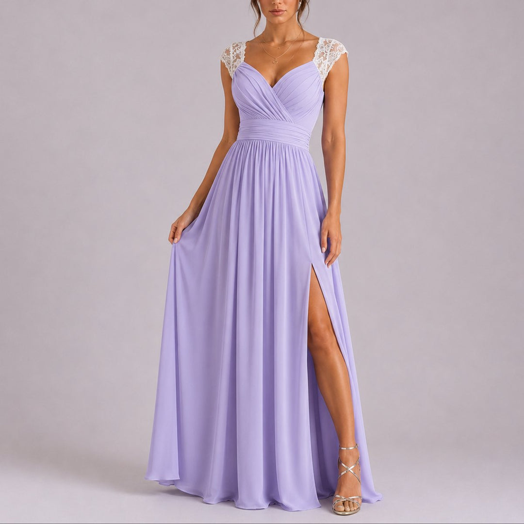 Dames Elegante Kanten Chiffon Maxi Jurk Bruiloft Gast Herfst - Paars