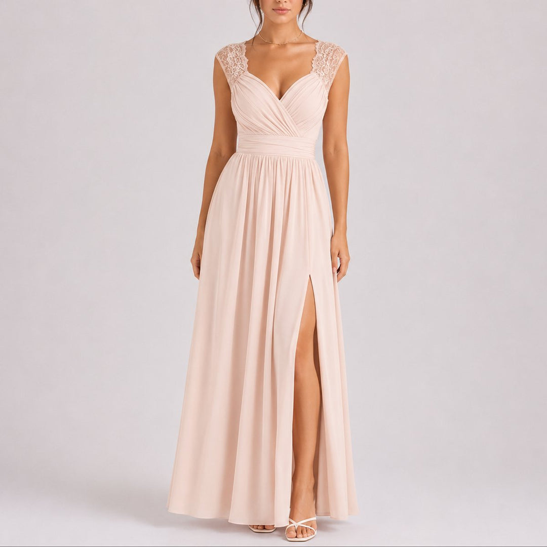 Dames Elegante Kanten Chiffon Maxi Jurk Bruiloft Gast Herfst - Beige