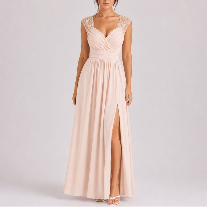 Dames Elegante Kanten Chiffon Maxi Jurk Bruiloft Gast Herfst - Beige