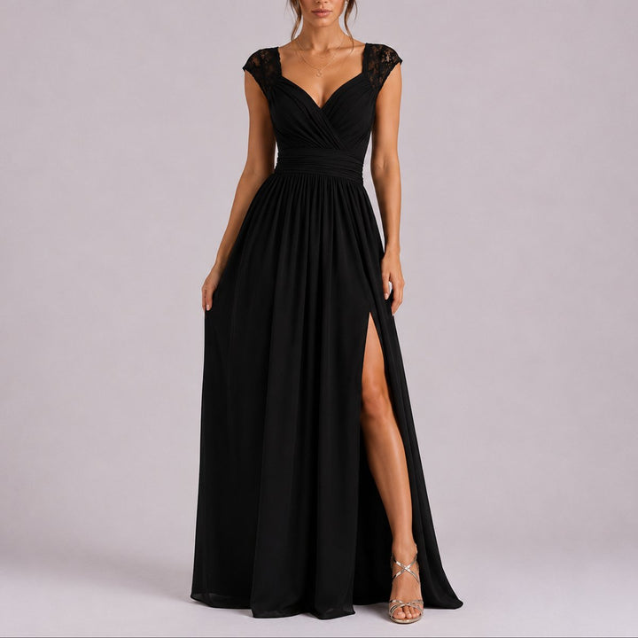 Dames Elegante Kanten Chiffon Maxi Jurk Bruiloft Gast Herfst - Zwart