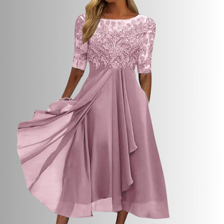 Dames Elegante Kanten Formal Dress Chiffon Midi-jurk - Roze