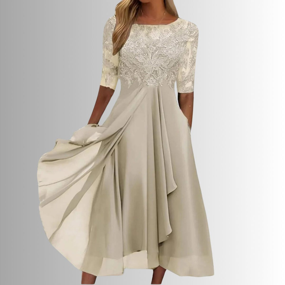 Dames Elegante Kanten Formal Dress Chiffon Midi-jurk - Crème
