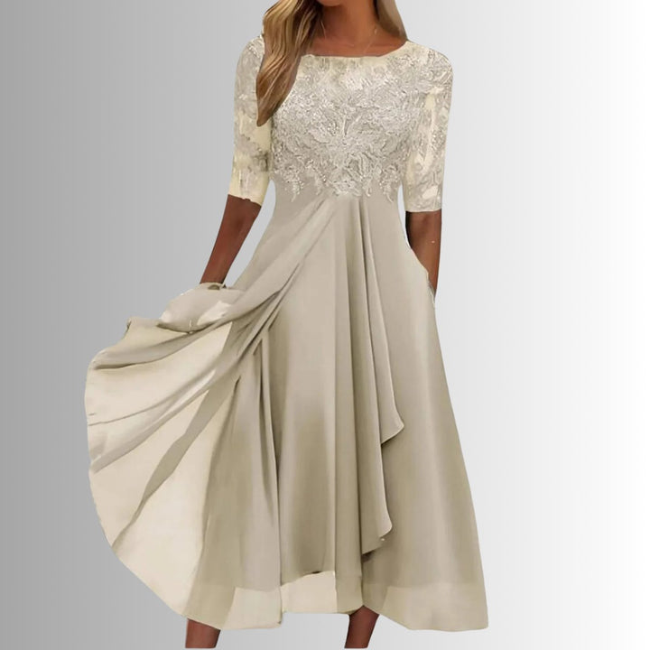 Dames Elegante Kanten Formal Dress Chiffon Midi-jurk - Crème