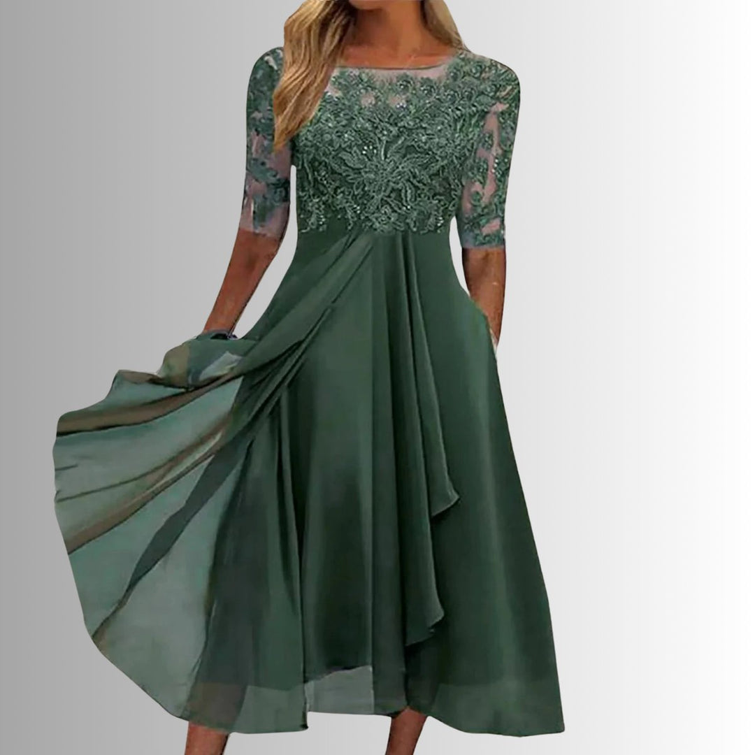 Dames Elegante Kanten Formal Dress Chiffon Midi-jurk - Groen