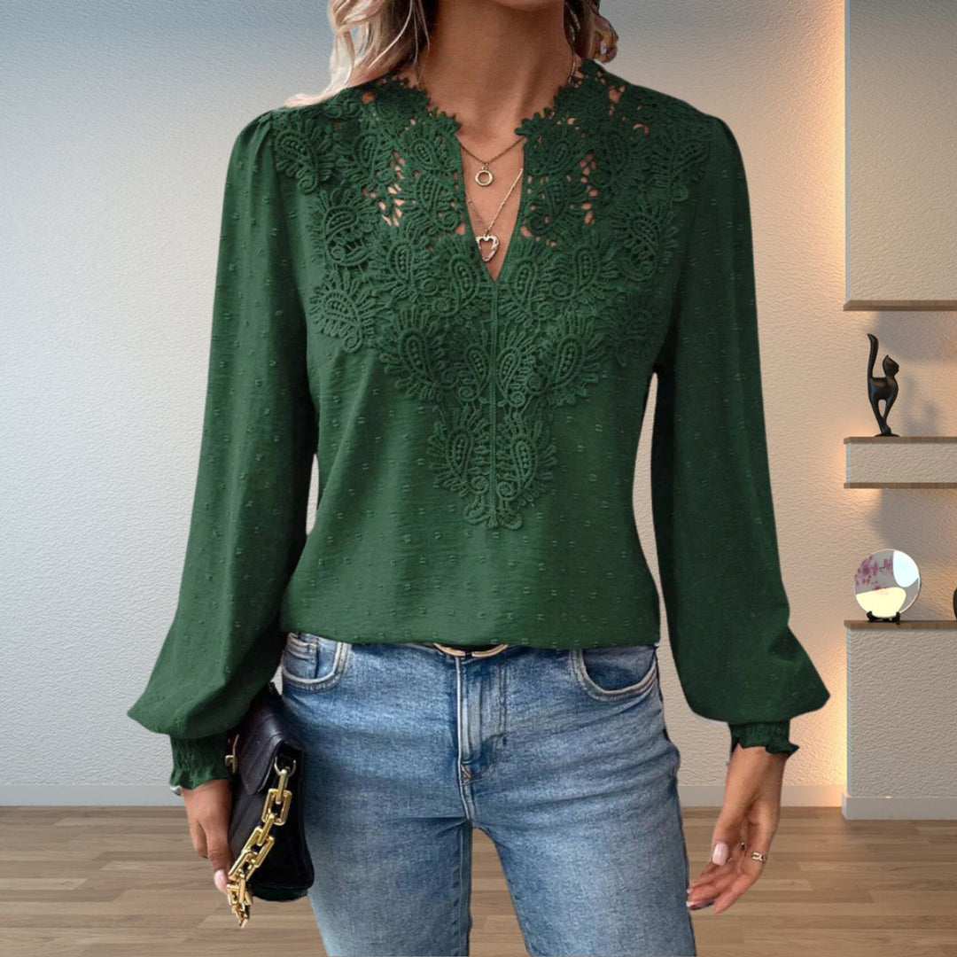 Dames Elegante Kanten V-Hals Blouse met Lange Mouwen - Dark Green