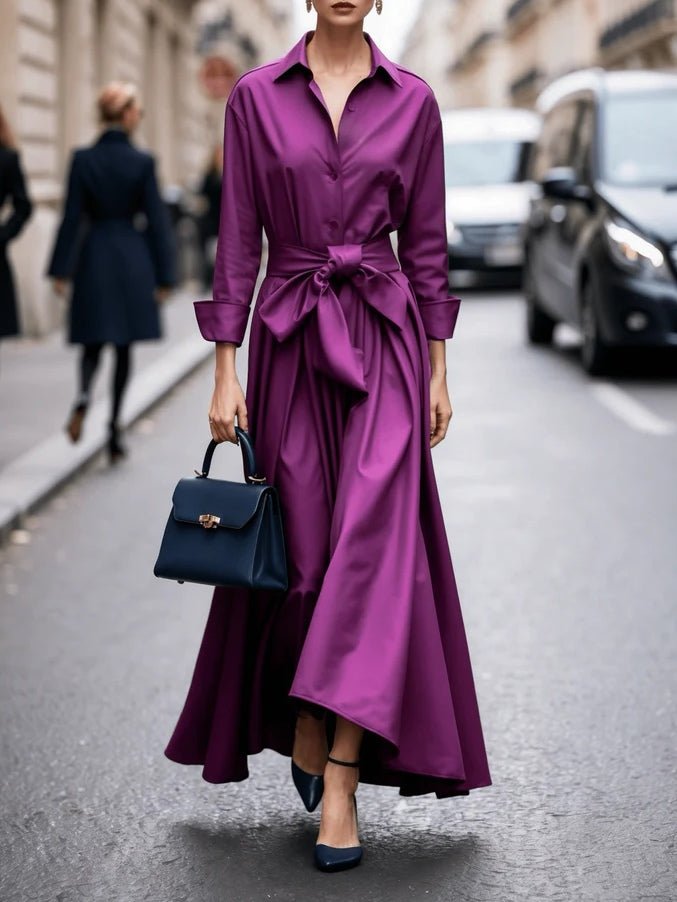 Dames Elegante Lange Mouw Strik Maxi Jurk - Purple