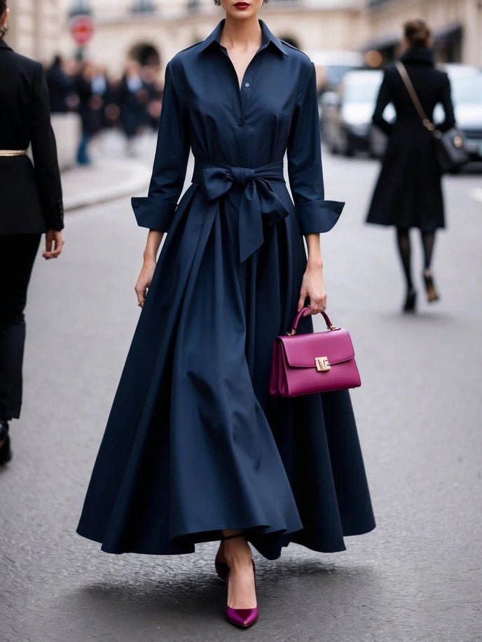 Dames Elegante Lange Mouw Strik Maxi Jurk - Navy