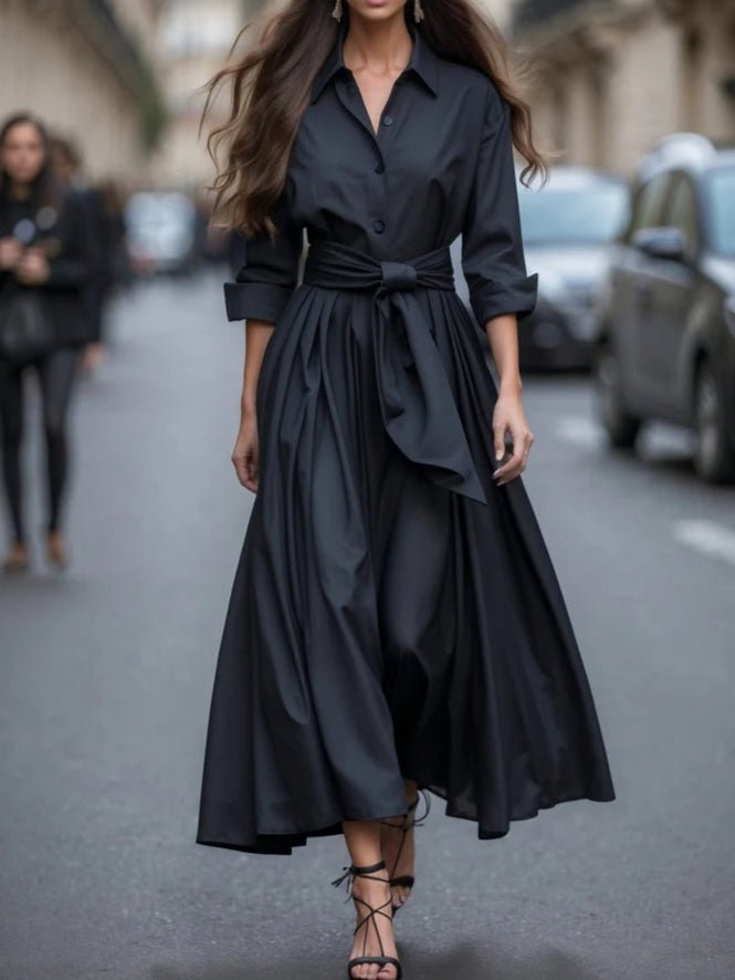 Dames Elegante Lange Mouw Strik Maxi Jurk - Black